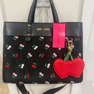 Betsey Johnson Black Cherry Print Tote with Red Heart Charm